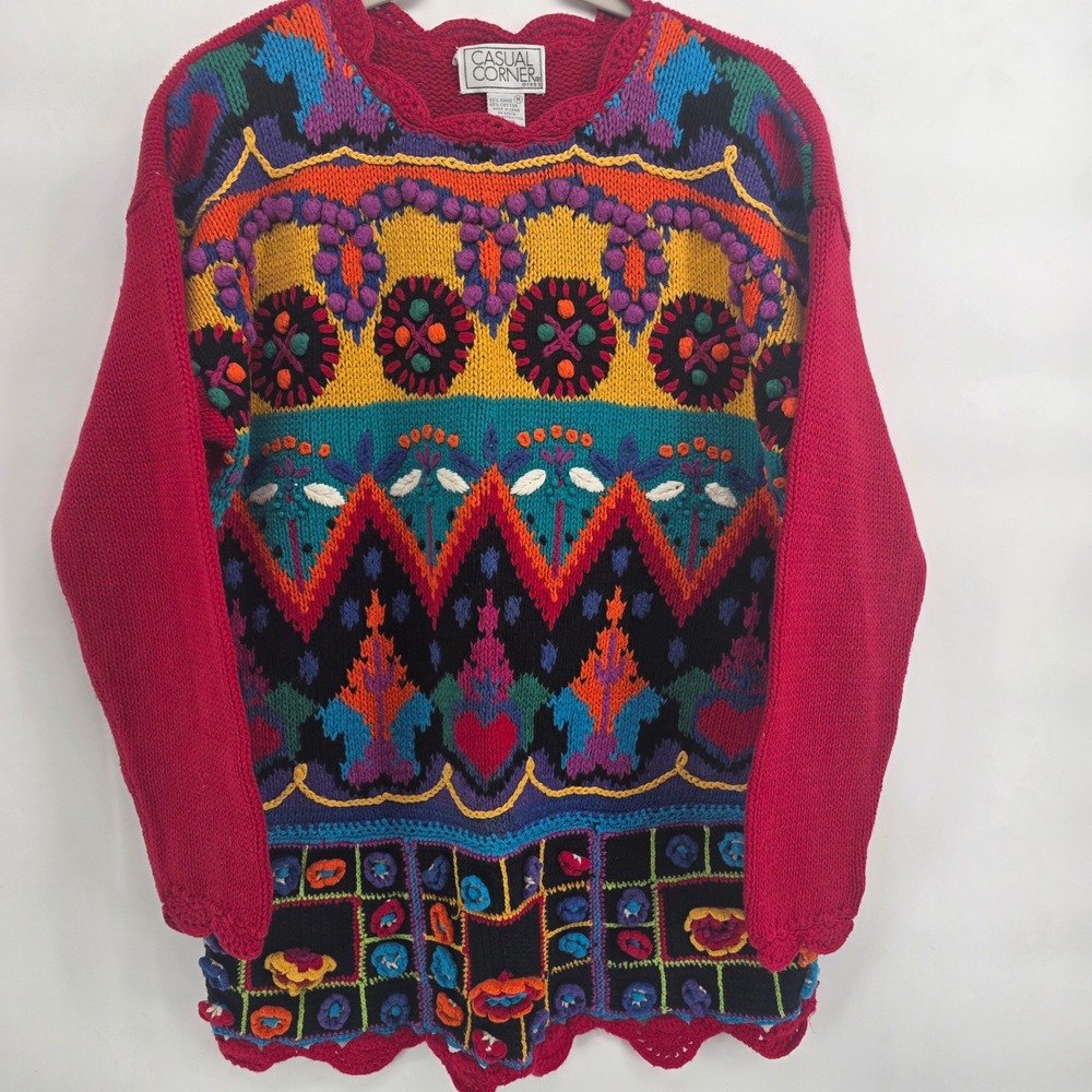 Casual Corner Womens Multicolor Knit Sweater Size M Floral Embroidered‎ Tunic 3D